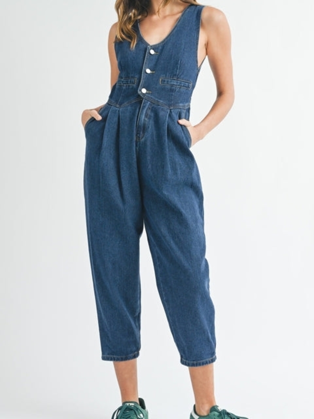 Denim Button-Front Jumpsuit Overalls - Blue